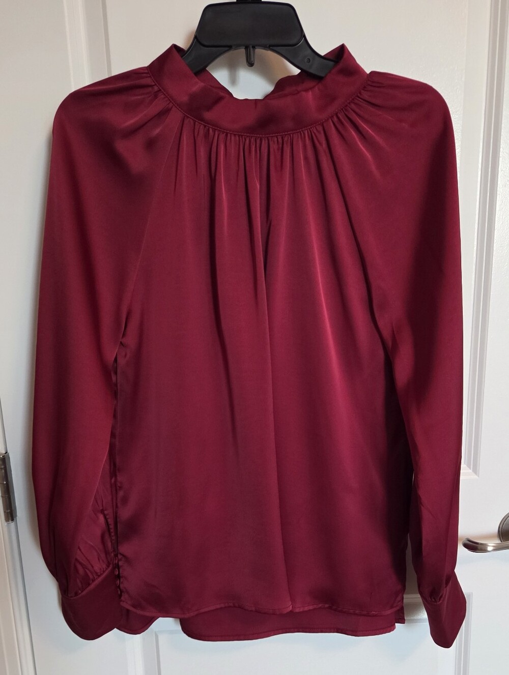 Sugarlips Wine Red Satin Mock Neck Tie Back Blouse M Long Sleeve Covered Buttons